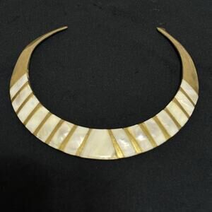VTG MCM Brass Mother Of Pearl Inlay Choker Bib Collar Necklace Made in India